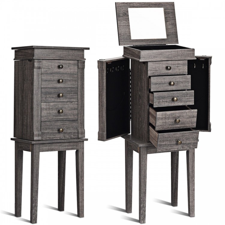 Standing jewelry cabinet organizer with wooden legs, five drawers, and side swing doors for ample storage and elegant.