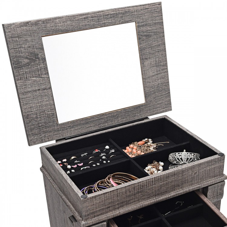 Jewelry cabinet organizer with wooden legs, featuring a mirror and multiple compartments for bracelets, rings, and.