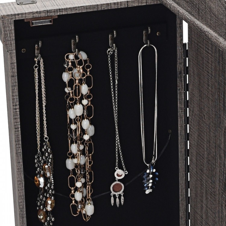 Jewelry cabinet interior showcasing long necklaces on hooks, featuring a stylish design and premium MDF construction.