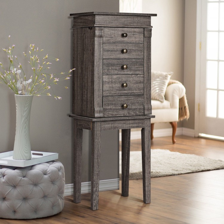 Standing jewelry cabinet with five drawers, wooden legs, and side swing doors for organized storage and elegant design.