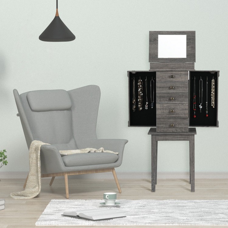 Standing jewelry cabinet organizer with wooden legs, featuring a mirror, five drawers, and side swing doors for.