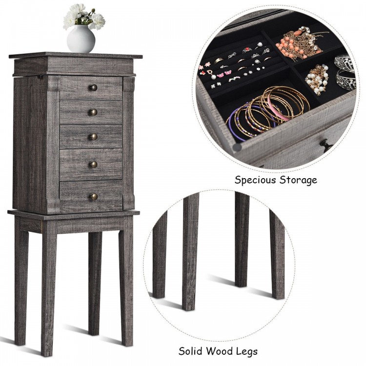 Standing jewelry cabinet with solid wood legs, five drawers, and embedded mirror for organized storage and elegant.