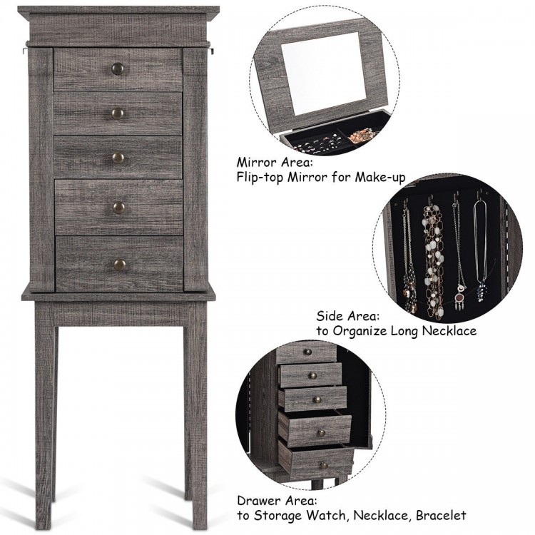 Standing jewelry cabinet organizer with wooden legs, featuring a flip-top mirror and five drawers for ample storage.