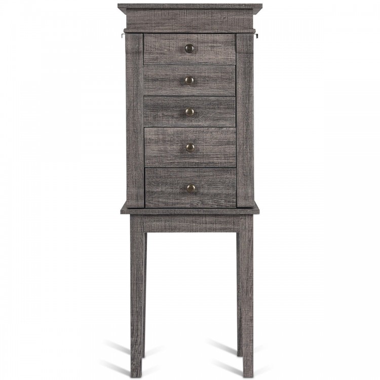 Standing jewelry cabinet organizer with five drawers, wooden legs, and embedded mirror for elegant jewelry storage.