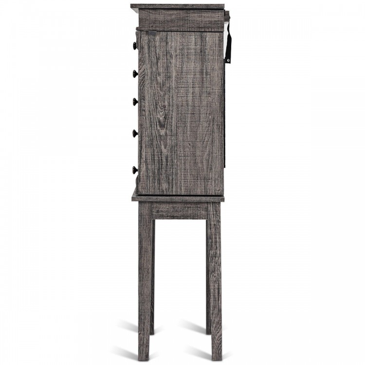Standing jewelry cabinet organizer with wooden legs, five drawers, and side swing doors for efficient jewelry storage.