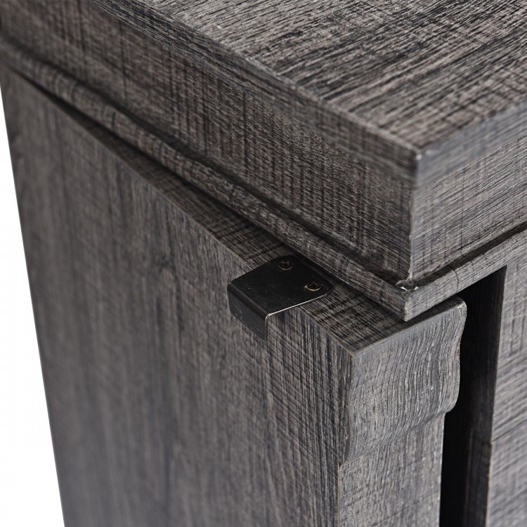 Close-up of the standing jewelry cabinet's top lid with a wooden finish and metal hinge, featuring a sleek design for.