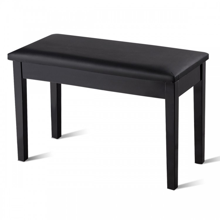 Black solid wood piano bench with PU leather padding, featuring a storage compartment for music sheets and books.