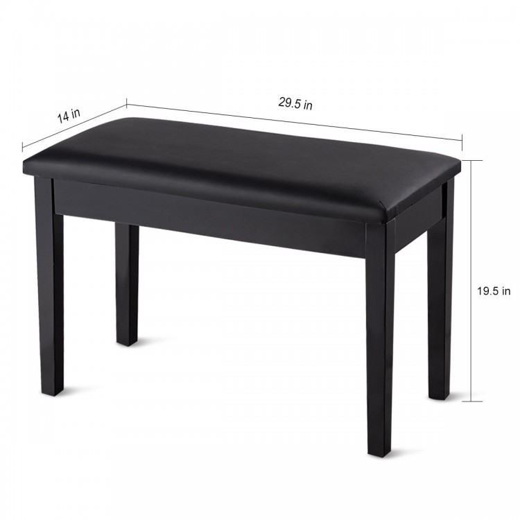 Black solid wood piano bench with PU leather padding, storage compartment, and dimensions 29.5 x 14 x 19.5 inches.