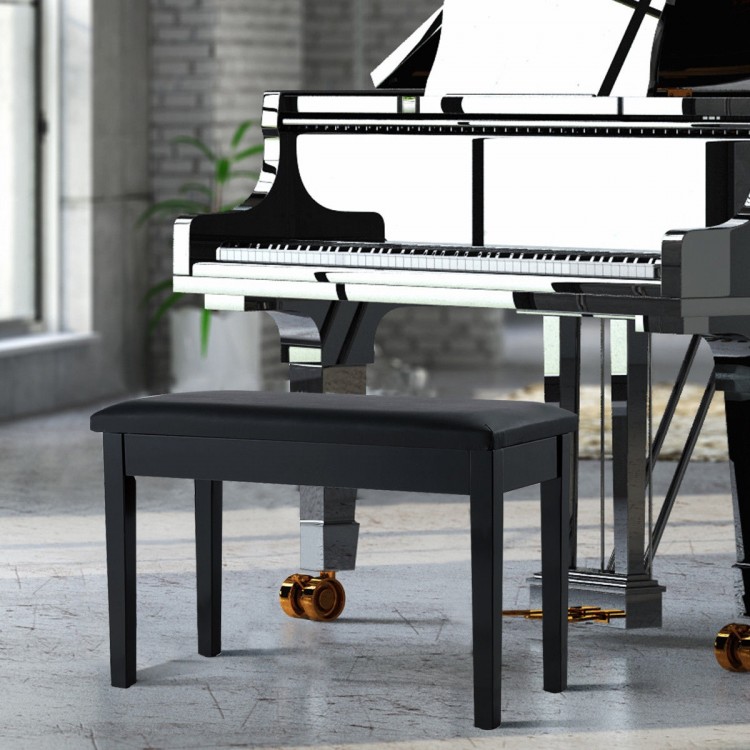 Black solid wood piano bench with PU leather padding and storage compartment, perfect for music practice and.