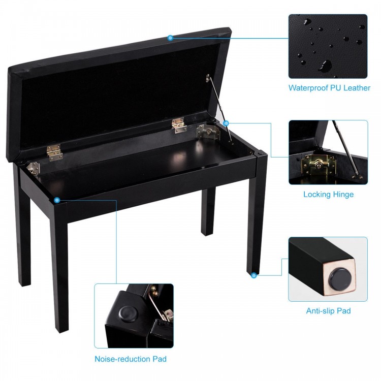 Solid wood PU leather padded piano bench with storage compartment, noise-reduction pad, and anti-slip foot pads.