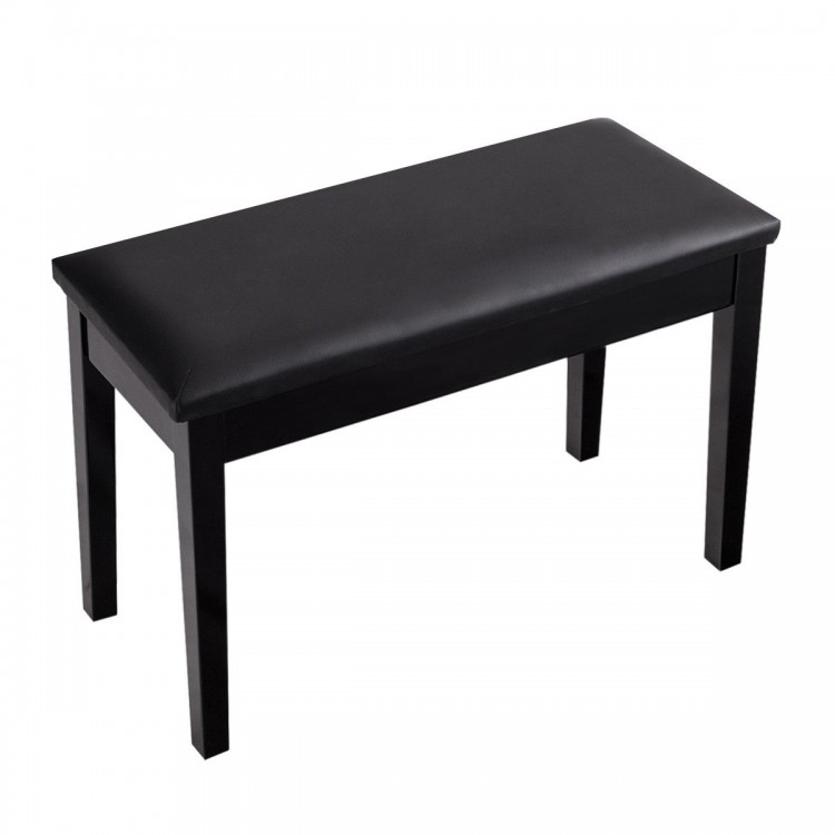 Black solid wood piano bench with PU leather padding, featuring a storage compartment for sheet music and books.