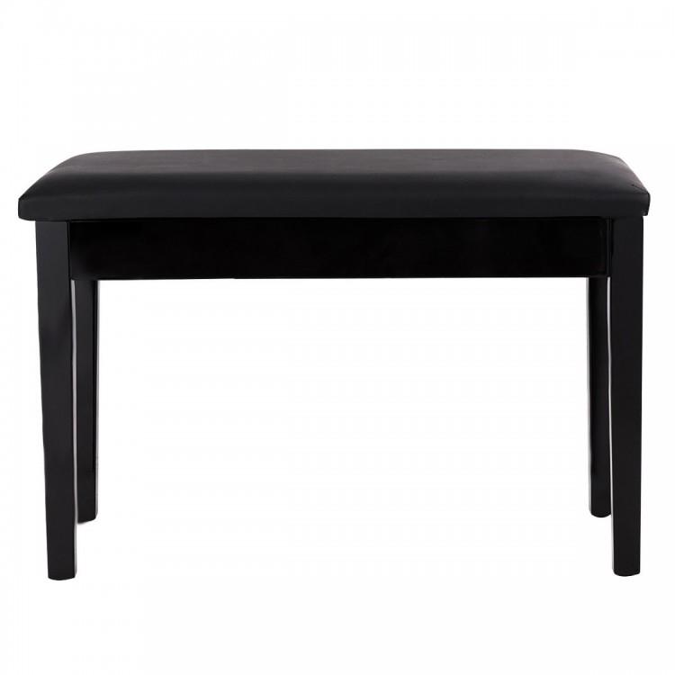 Black solid wood piano bench with PU leather padding and storage compartment, ideal for musicians and orchestras.