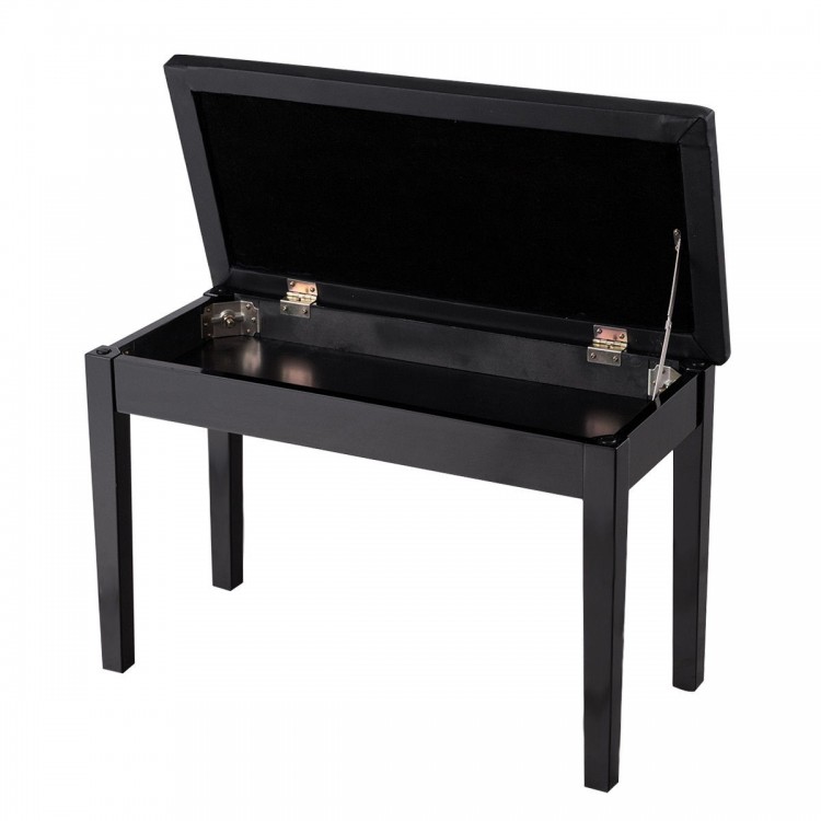 Black solid wood piano bench with PU leather padding and storage compartment, perfect for musicians and orchestras.