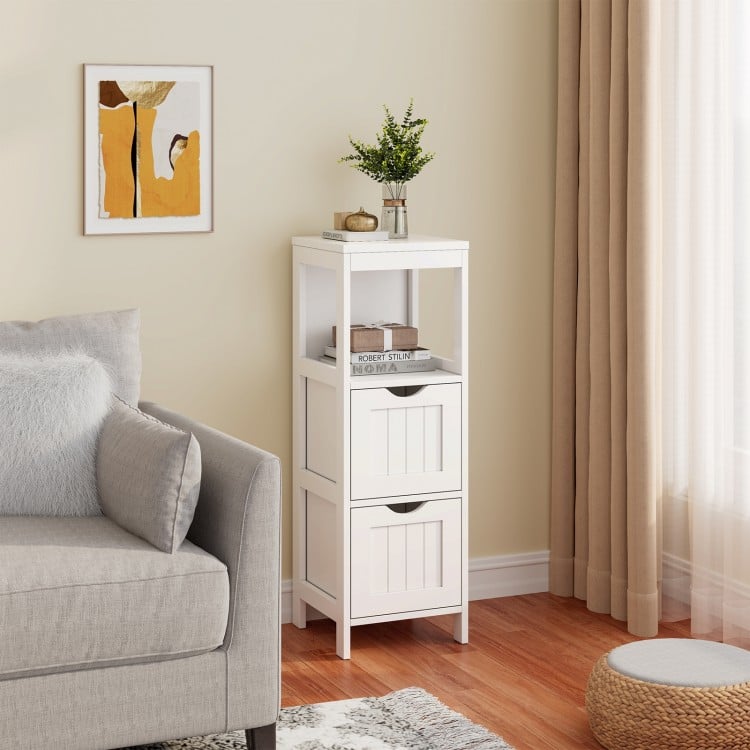 Modern white bathroom floor cabinet with 2 drawers and 1 open shelf, ideal for space-saving storage and organization.