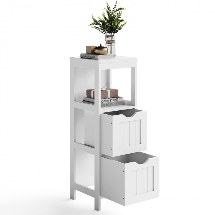 Multifunctional white bathroom storage cabinet with 2 large drawers and 1 open shelf for space-saving organization.