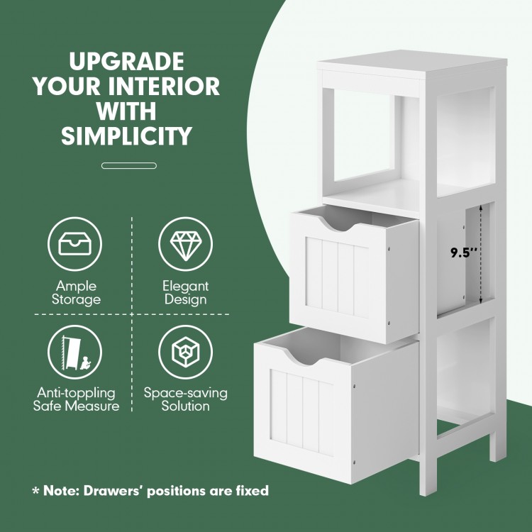 Multifunctional white bathroom floor cabinet with 2 large drawers and 1 open shelf for ample storage and organization.