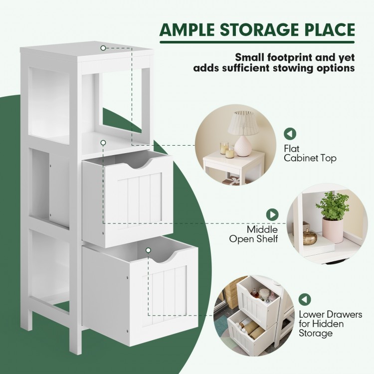 Multifunctional white bathroom floor cabinet with 2 large drawers and open shelf for efficient storage and organization.
