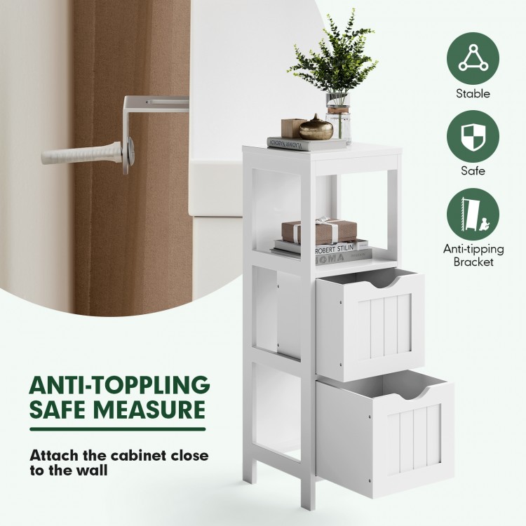 Multifunctional white bathroom floor cabinet with 2 large drawers and open shelf for organized storage and modern decor.