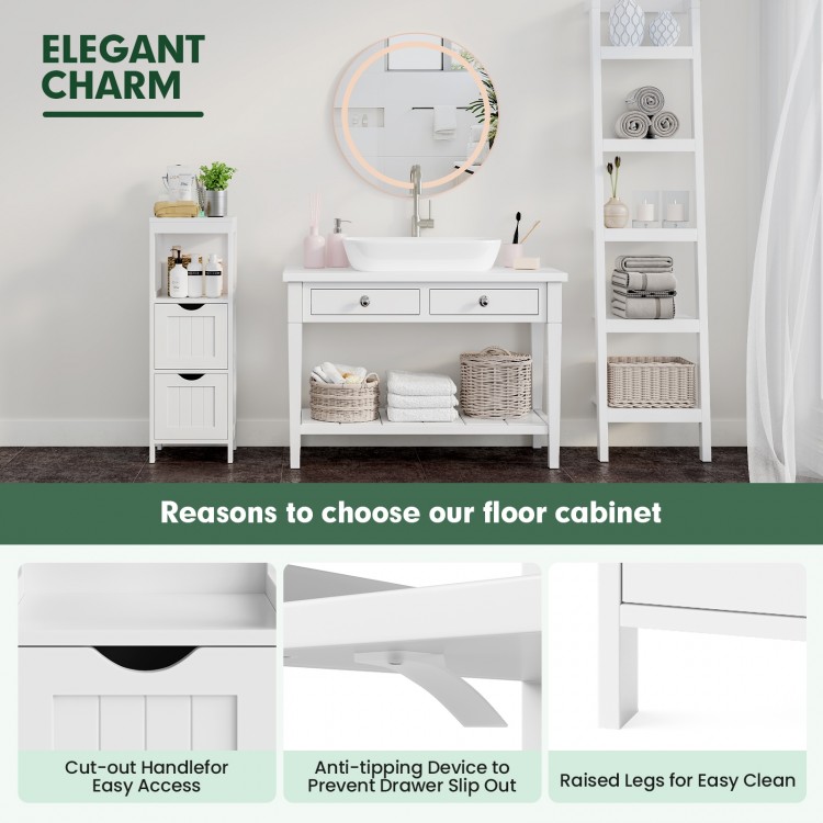 Modern white bathroom floor cabinet with 2 large drawers and 1 open shelf, waterproof and mildew-resistant for.
