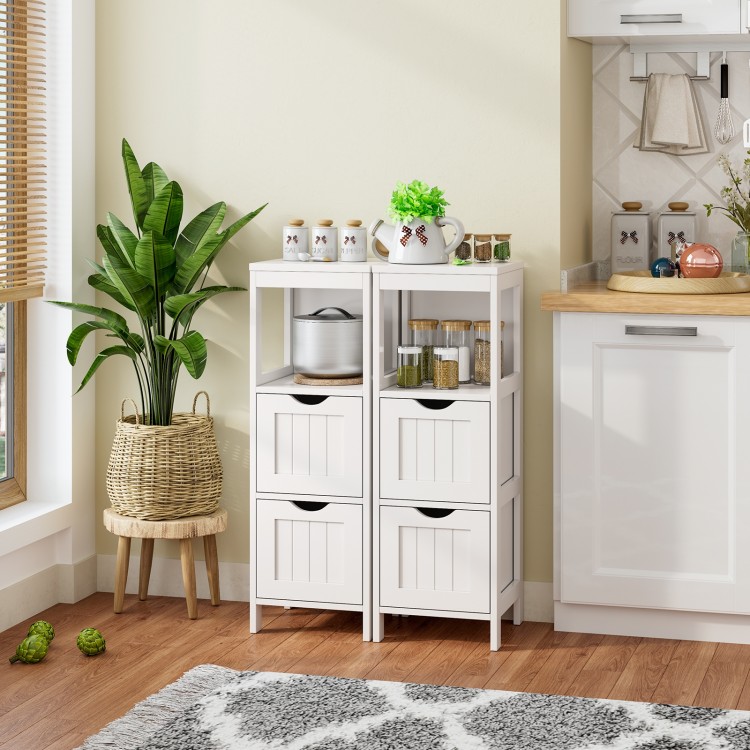 Multifunctional white bathroom storage cabinet with 2 drawers and 1 open shelf, ideal for space-saving organization.