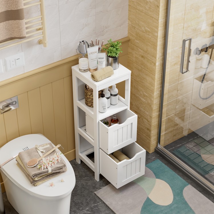 Modern white bathroom floor cabinet with 2 drawers and open shelf, offering stylish storage and organization.