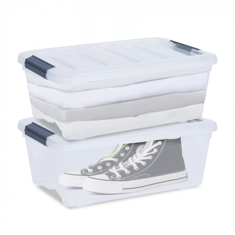 Stackable transparent storage tubs with buckle-up latches, ideal for organizing shoes and linens in limited space.