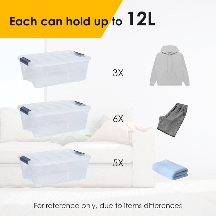Transparent 156 quart storage tubs with latches, stackable design for efficient organization in limited spaces.