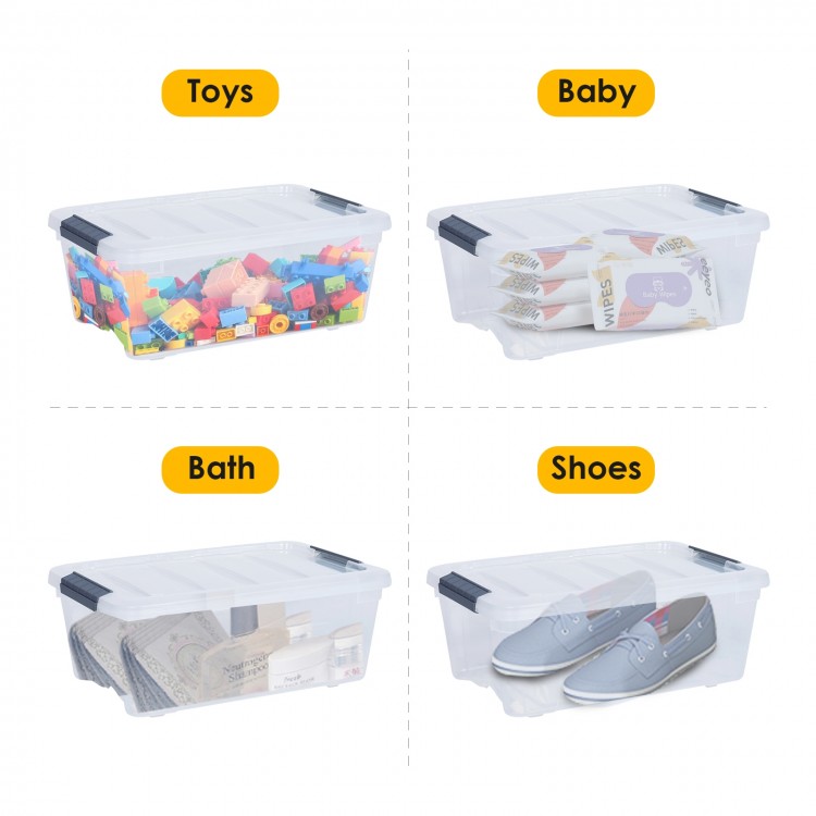 Stackable 156 quart storage tubs with transparent design and secure latches, ideal for organizing toys, baby items.