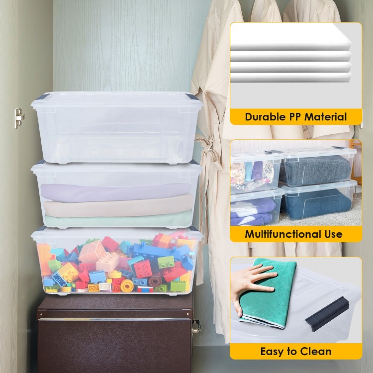 Stackable transparent storage tubs with latch closures, ideal for organizing toys and household items in limited space.