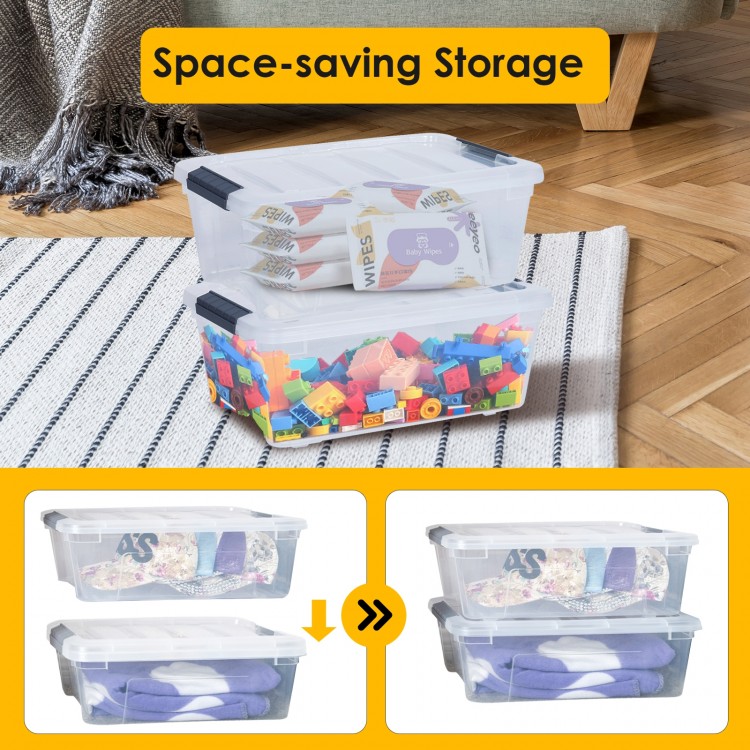Stackable 156 quart storage tubs with transparent design and secure latches, ideal for space-saving organization.