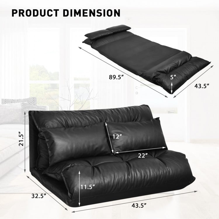 Foldable PU leather leisure floor sofa bed with adjustable backrest and two pillows, ideal for small spaces and.