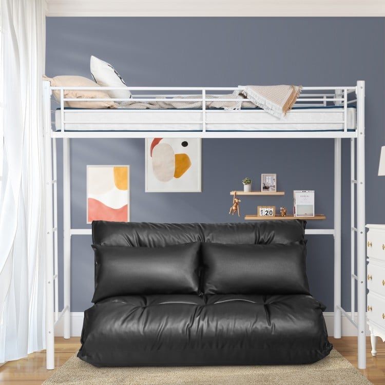 Black foldable PU leather leisure sofa bed with two pillows, adjustable backrest, perfect for small spaces and.