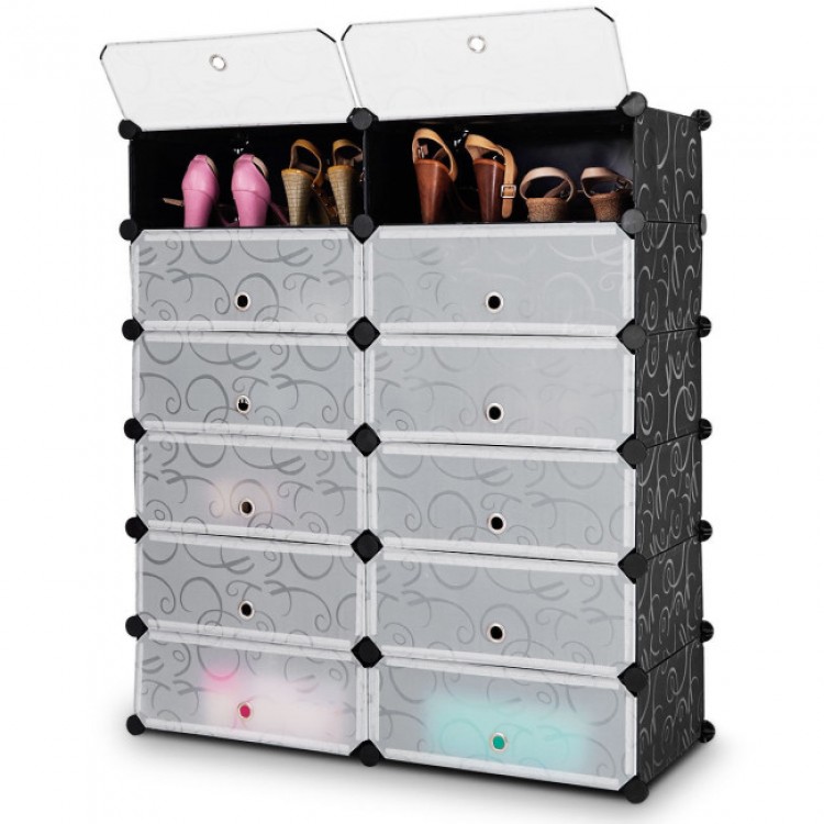Close-up view of the transparent doors on the 12-cube DIY portable plastic shoe rack, highlighting easy access and.