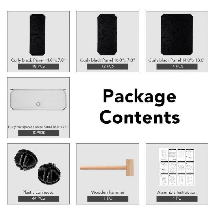 Curly black panels and connectors for the 12-cube DIY portable plastic shoe rack, ideal for stylish home organization.