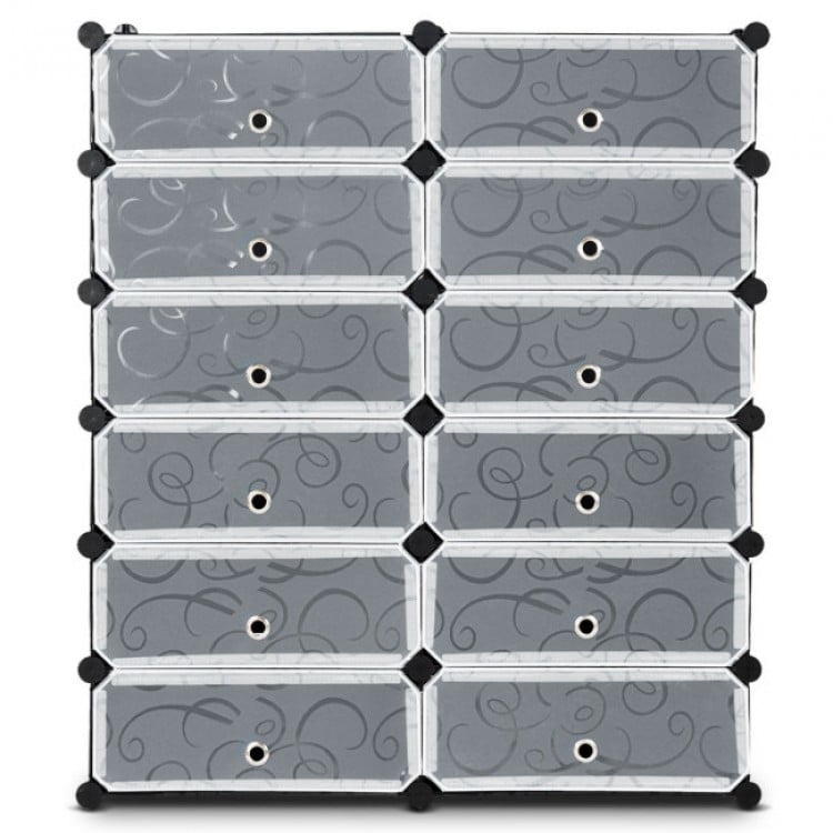 12-cube portable plastic shoe rack with transparent doors, made of durable PP material, ideal for versatile home.