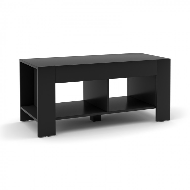 Minimalist black 2-tier wood coffee table showing open side compartments for easy access to books and essentials.