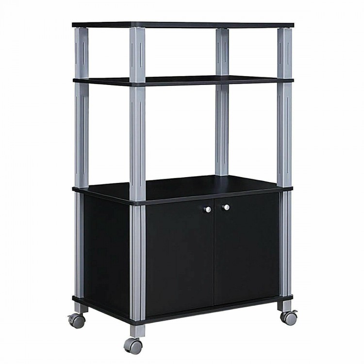 Microwave rack stand with a 2-door cabinet and sturdy black design, featuring lockable caster wheels for stability and.