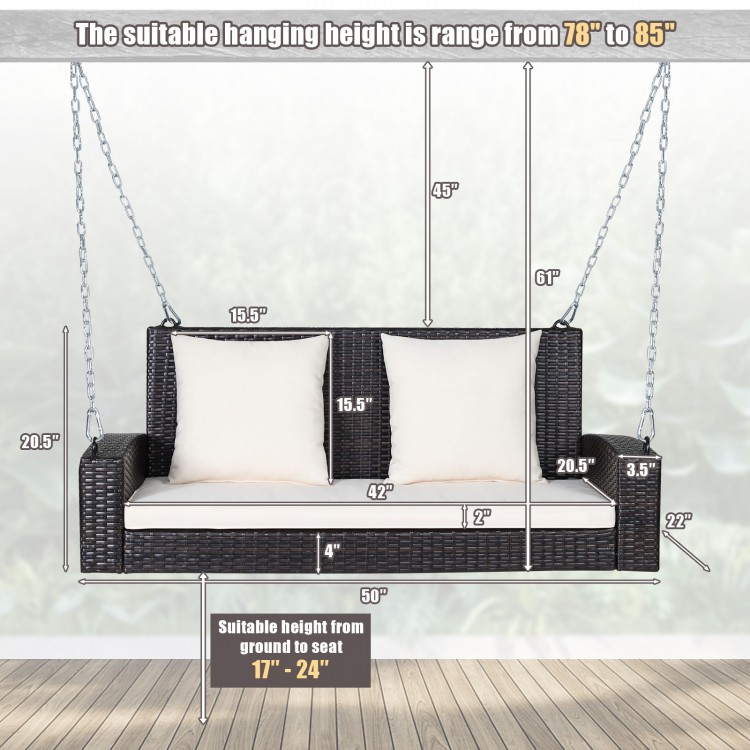 2-person patio rattan porch swing with white cushions, featuring sturdy steel chains for secure outdoor relaxation.