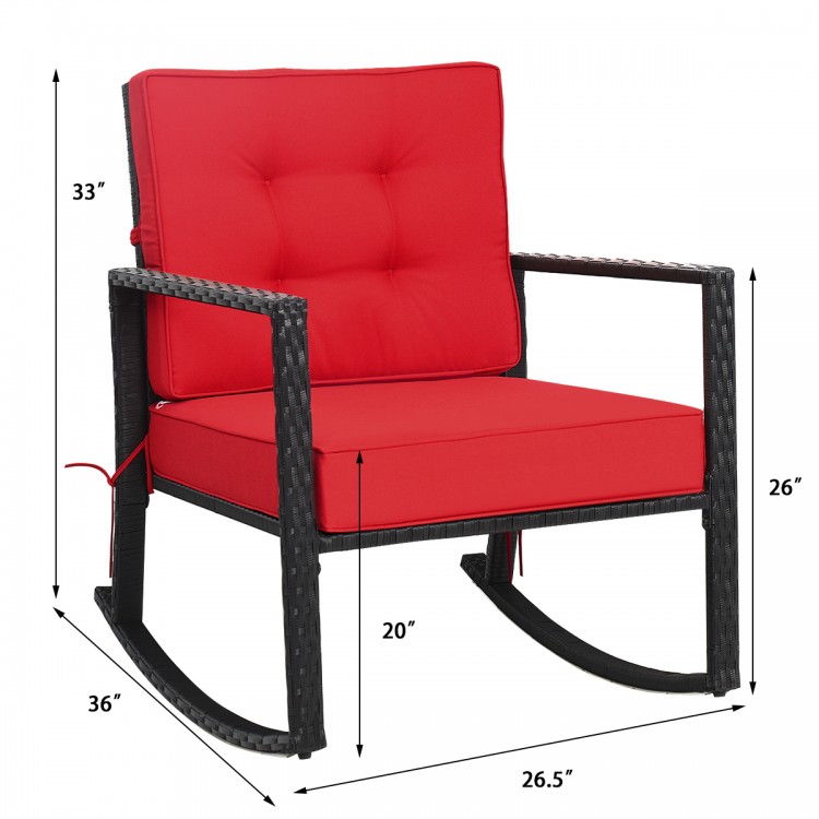 Red cushioned patio rattan rocking chair with sturdy metal frame, perfect for outdoor relaxation in garden or patio.