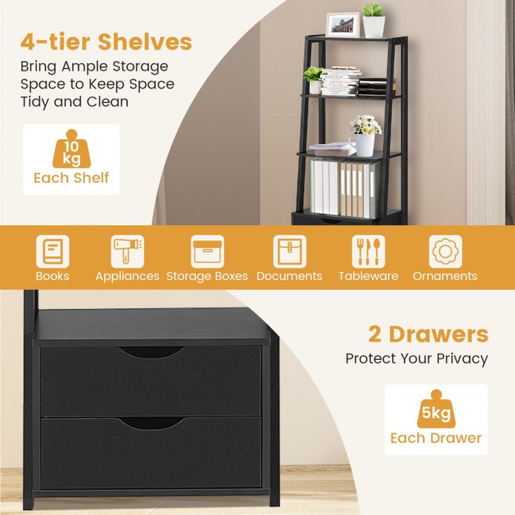 4-tier ladder bookshelf with 2 drawers in black, ideal for organizing books and decor in any room.