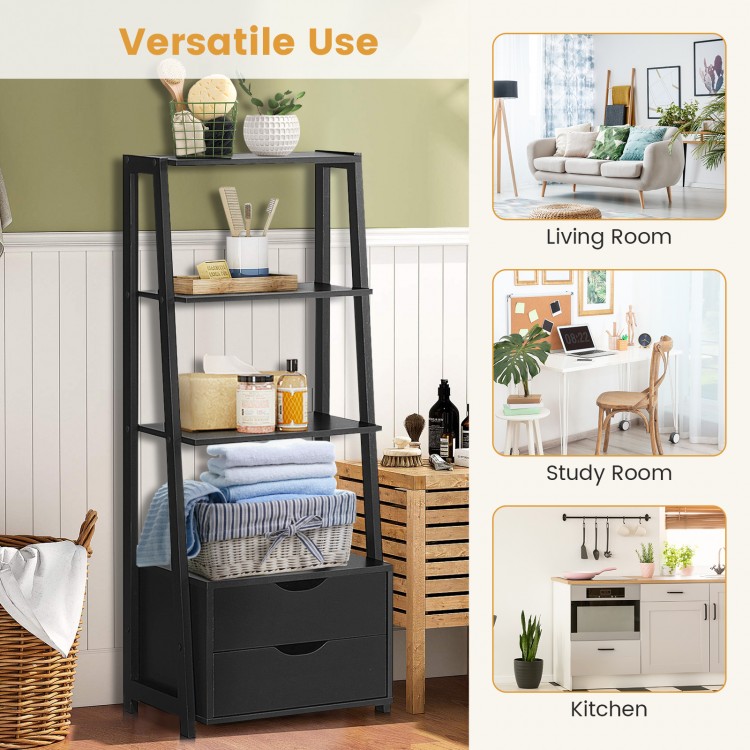 4-tier ladder bookshelf with 2 drawers, made of particleboard and MDF, ideal for versatile storage in any room.