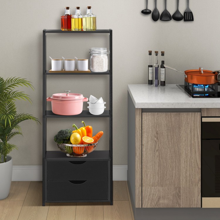 4-tier ladder bookshelf with 2 drawers, made of particleboard and MDF, ideal for storage in any room or as a plant.