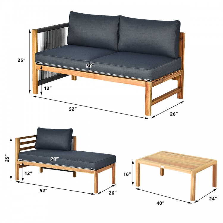 3-piece patio acacia sofa set with nylon armrest, featuring thick cushions, ideal for outdoor relaxation and comfort.