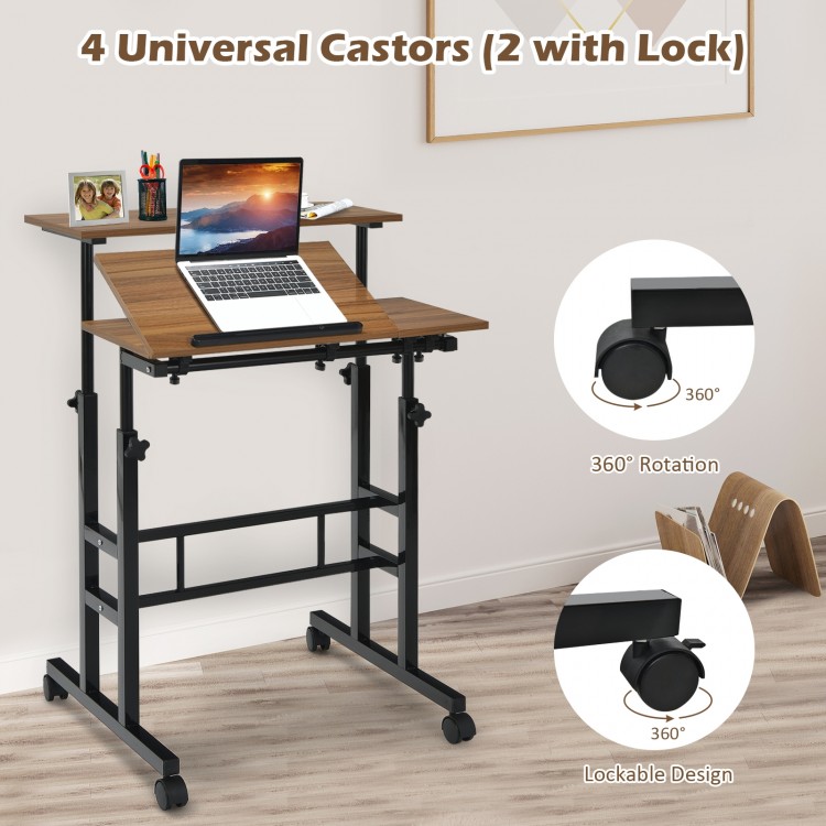 Mobile standing desk with adjustable tilting surface, walnut finish, and 4 casters for easy mobility in small spaces.