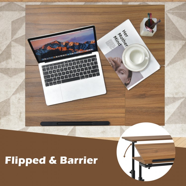 Mobile standing desk with adjustable walnut top, tilting surface, and casters for easy movement in small spaces.