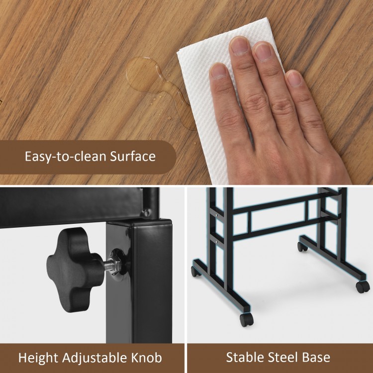 Height adjustable knob and stable steel base of the walnut mobile standing desk for versatile workspace use.
