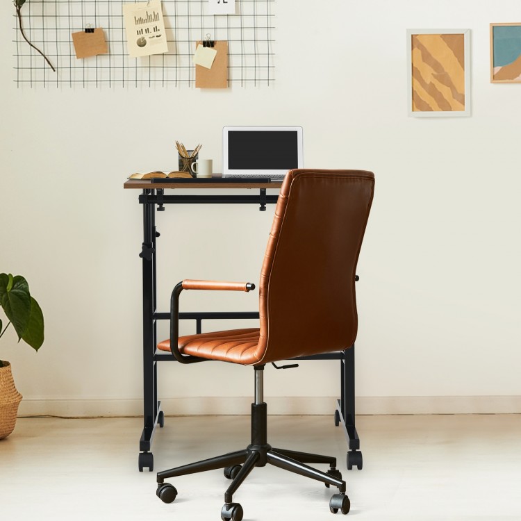 Mobile standing desk with adjustable height and tilting surface, featuring a walnut top and sturdy steel frame for.