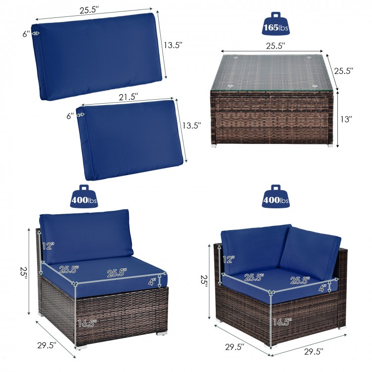 Navy cushions on a 6-piece patio rattan furniture set with a glass coffee table, ideal for outdoor relaxation.