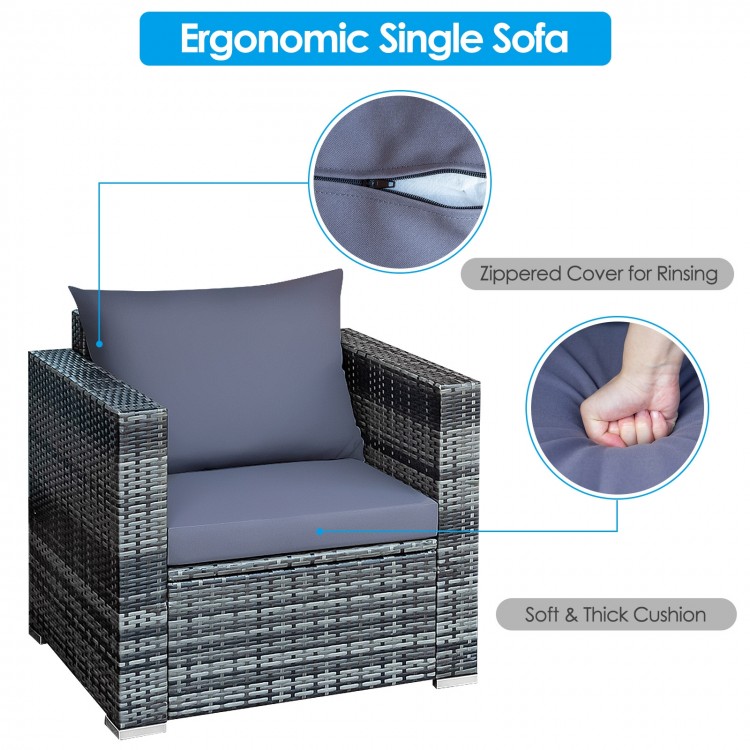 Single ergonomic sofa from a 3-piece patio rattan furniture set with a soft gray cushion and zippered cover for easy.