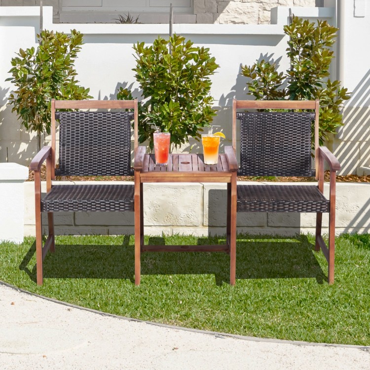 Two-seat patio rattan chairs with acacia wood structure and coffee table, perfect for outdoor relaxation.